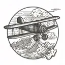 A vintage biplane flying over a mountain range tattoo design idea