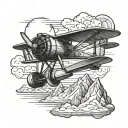 A vintage biplane flying over a mountain range tattoo design idea