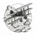 A vintage biplane flying over a mountain range tattoo design idea