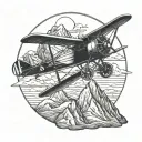 A vintage biplane flying over a mountain range tattoo design idea