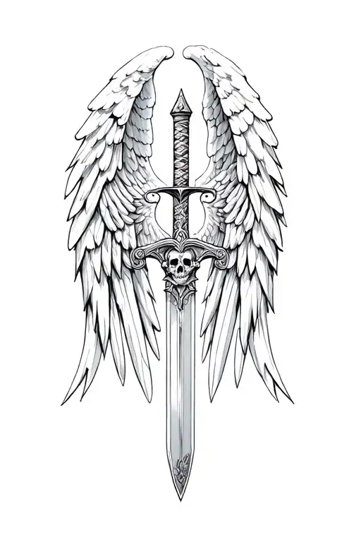 st michael sword one angel wing AND SKULL tattoo design idea