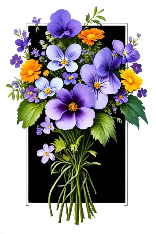Bouquet of violets, primroses, marigolds, and cosmos tattoo design idea