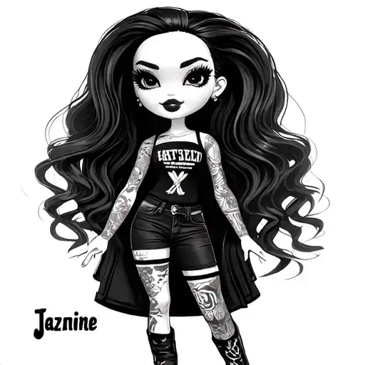 A Bratz doll-style character named Jazmine, with glamorous and edgy street style. She has long, flowing dark hair with s tattoo design idea