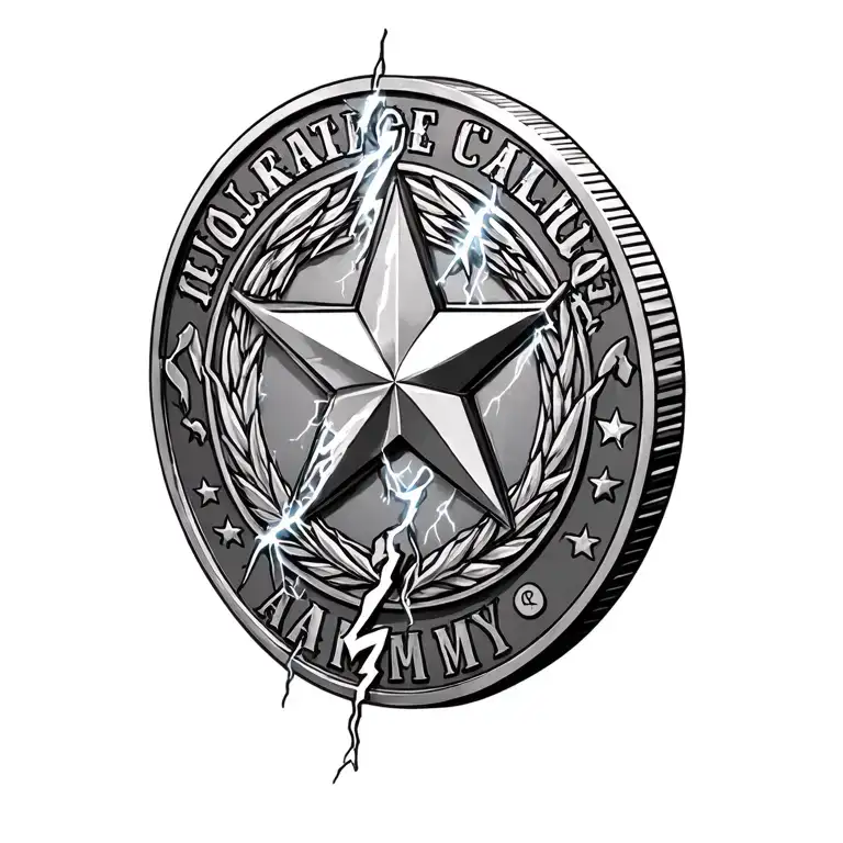 An Army challenge coin with a lightning strike piercing the middle at different angles with a 5 pointed star outside tattoo design idea