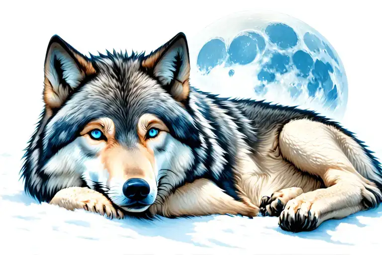 clear-blue eyed wolf layin' down w/ abit of light blue shadin' & white-grey fur w/ a moonlite moon in the back of  wolf. tattoo design idea