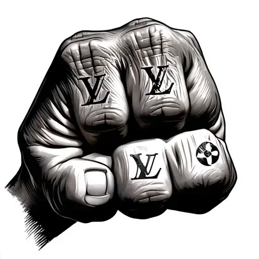 closed fist with Louis Vuitton logo on knuckles n the background tattoo design idea