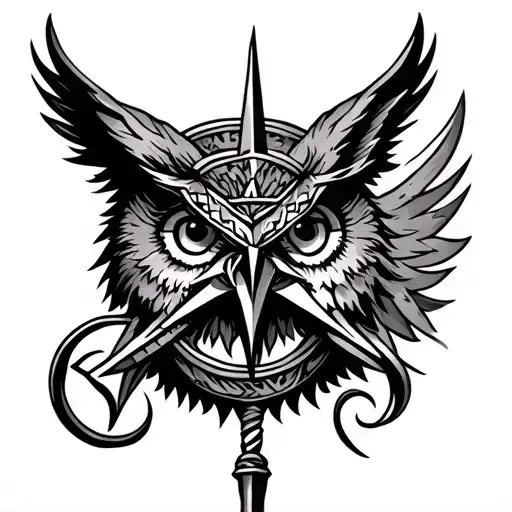 A hand tattoo with a viking compass with an owl. tattoo design idea