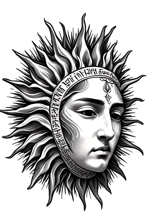sunface tattoo with rays and Assyrian text  tattoo design idea