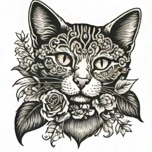 Hand written note surrounded by flowers and a cat.  tattoo design idea