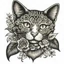 Hand written note surrounded by flowers and a cat.  tattoo design idea