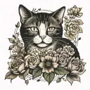 Hand written note surrounded by flowers and a cat.  tattoo design idea