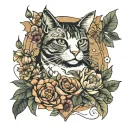 Hand written note surrounded by flowers and a cat.  tattoo design idea