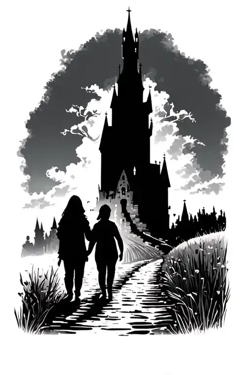 Two parent silhouettes walking child silhouette toward castle gothic on pathway tattoo design idea