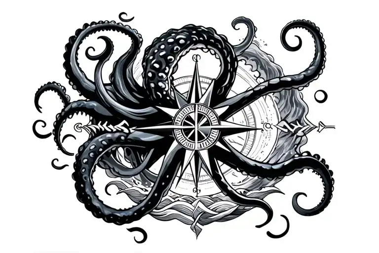 big kraken in center with nautical compass, waves and tentacles around tattoo design idea