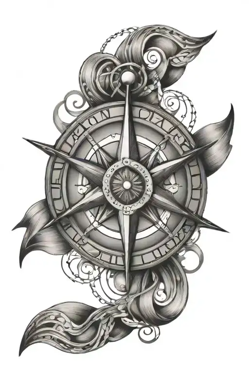 compass rose with dna double helix intertwined with a toddler sitting; that is dainty with thin lines tattoo design idea