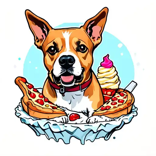 An artistic representation of Rover the dog in a whimsical and colorful style, surrounded by ice cream and pizza tattoo design idea