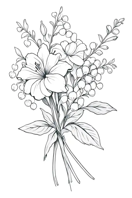 make a bouquet of flowers with a lily of the valley,rose, and larkspur tattoo design idea