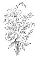 make a bouquet of flowers with a lily of the valley,rose, and larkspur tattoo design idea