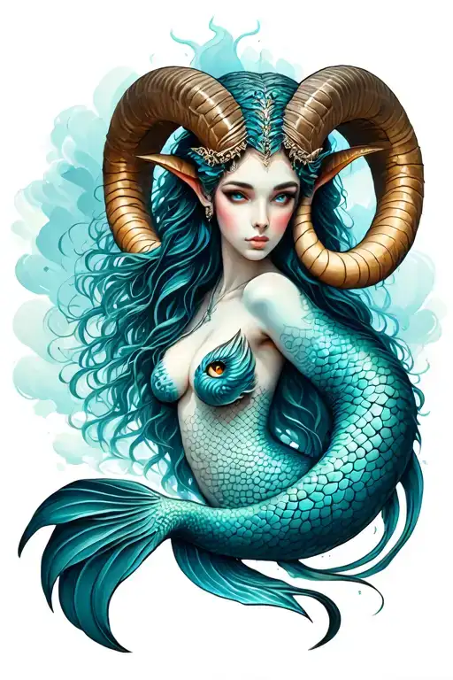 realistic slim ram horned female capricorn mermaid with full length body and human face  tattoo design idea