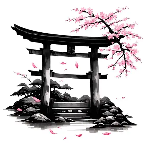 A small Japanese torii gate with cherry blossom petals floating gently around it. Minimalist black ink tattoo, calm and  tattoo design idea