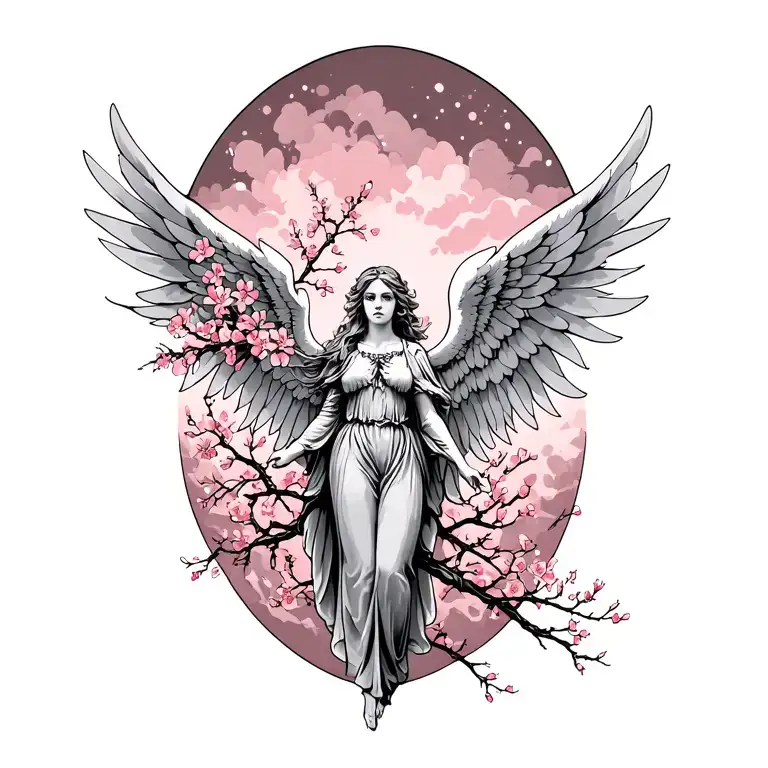 light angel with large wings spread wide, intertwined with cherry blossoms branches and small flowers  tattoo design idea
