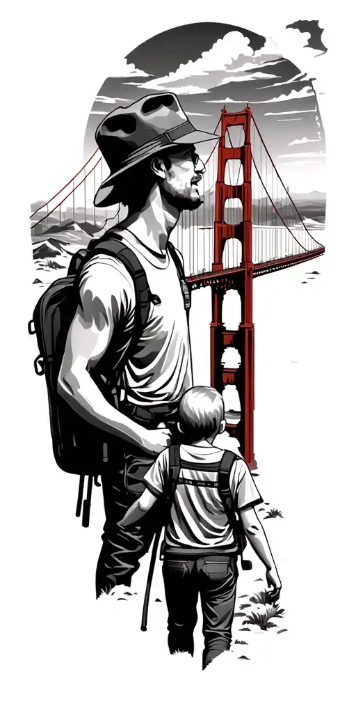 golden gate bridge, autism, vegas, desert, father and son hiking tattoo design idea