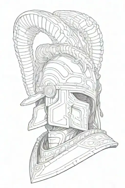 the geek god ares, rams horn helmet in a 3/4 view though camera lens tattoo design idea