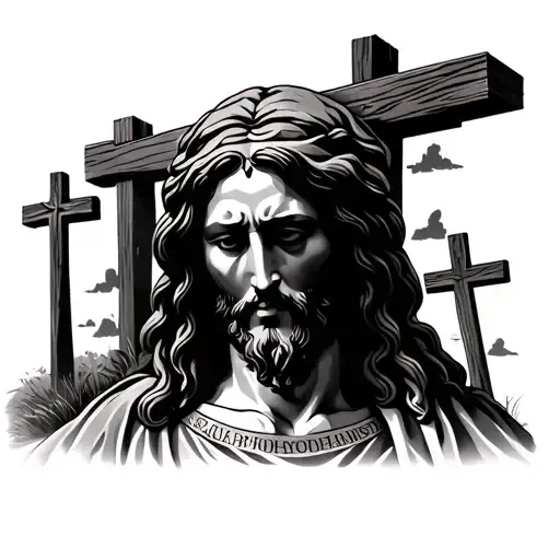 Jesus face looking down and 3 crosses on Calvary hill behind tattoo design idea