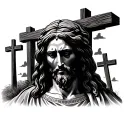Jesus face looking down and 3 crosses on Calvary hill behind tattoo design idea
