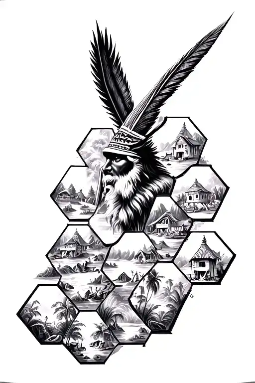 Chamorro tribal within dozens of hexagons containing scenes get larger and then smaller again tattoo design idea