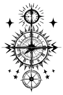 Passage of time with stars and arrows pointing toward different sundials, clocks, and time in an abstract format.  tattoo design idea