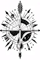 Passage of time with stars and arrows pointing toward different sundials, clocks, and time in an abstract format.  tattoo design idea