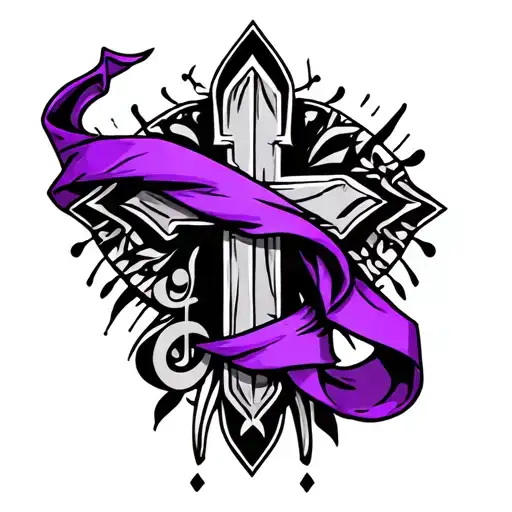 cross with a purple stash draped over it with a tribal treble cref behind it  tattoo design idea