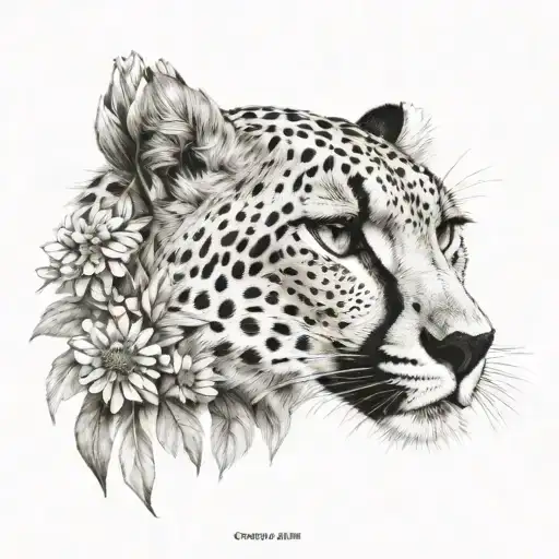 cheetah face and wild flowers tattoo design idea