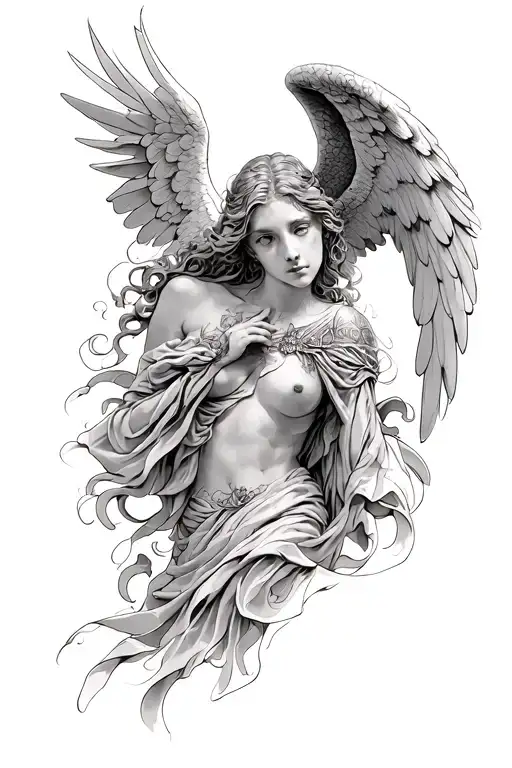 The sketch “Duel of Eternity, Hyperontracy style Traditional with elements of realism in faces and anatomy.  Angel (the top of the sleeve tattoo design idea