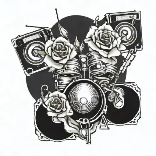 drumset with roses around it, and boombox behind it  tattoo design idea