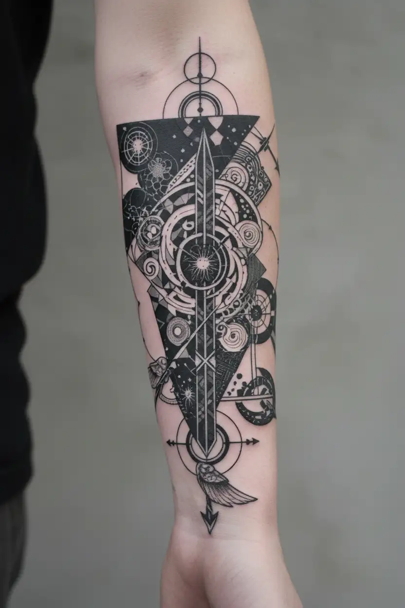 Arrow with zodiac sign Sagittarius and symbols of love and peace and forgivness and a space to put a quotes with circles tattoo design idea