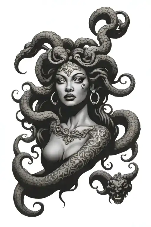 Sassy medusa goddess with long nails tattoo design idea