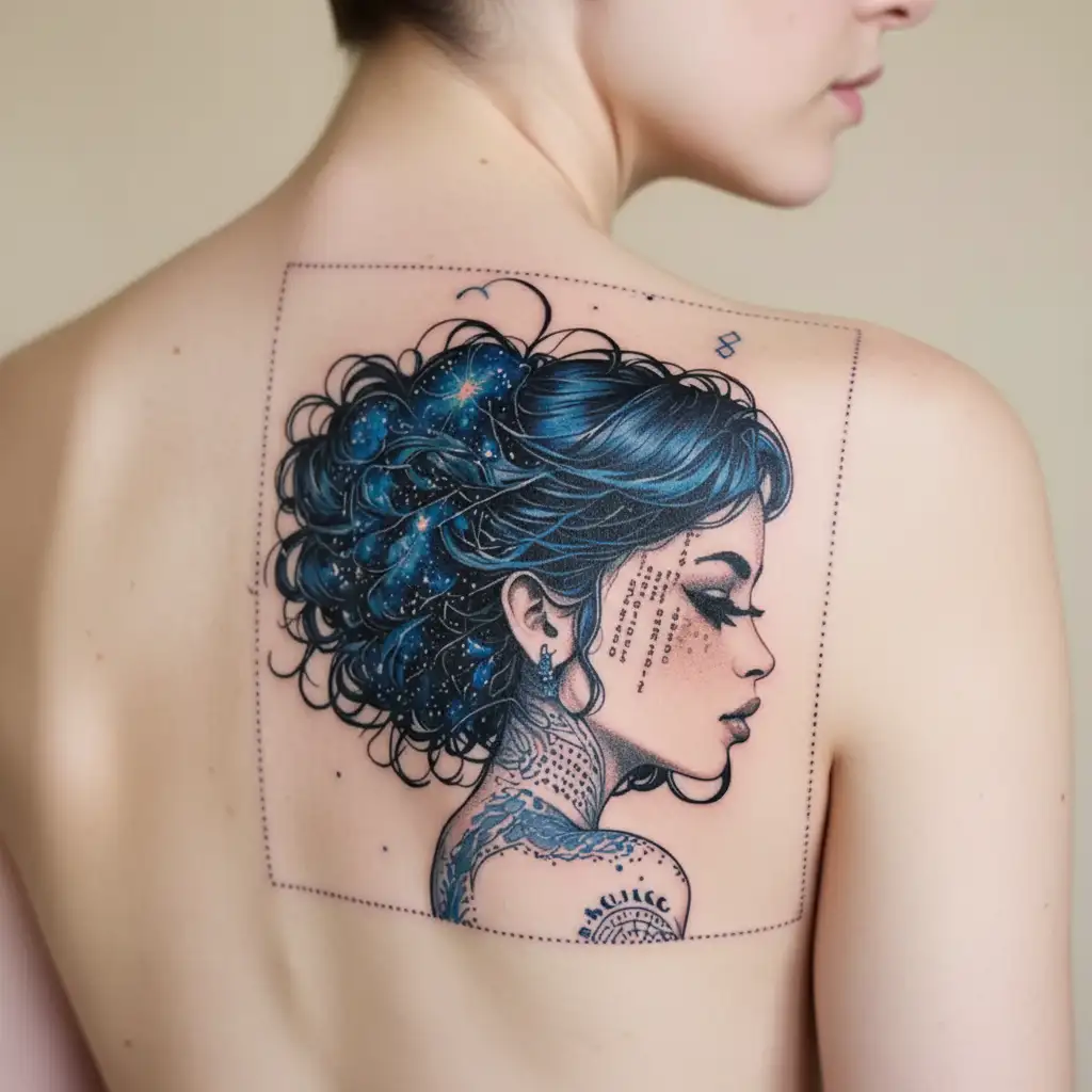 A sexy woman with galaxy hair and a hidden message in Morse code on her arm tattoo design idea