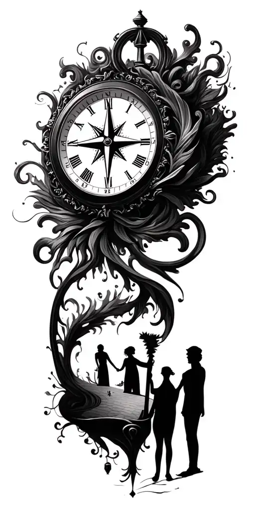 salvador dali clock with compass golf course family shadow figures  tattoo design idea