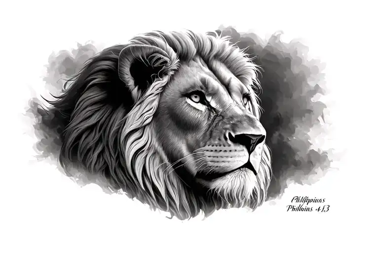 realistic lion and Philippians 4:13 incorporated tattoo design idea