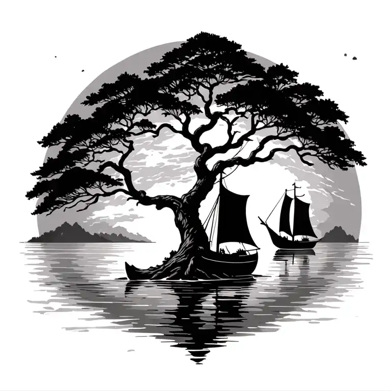 life tree with a sailing boat tattoo design idea