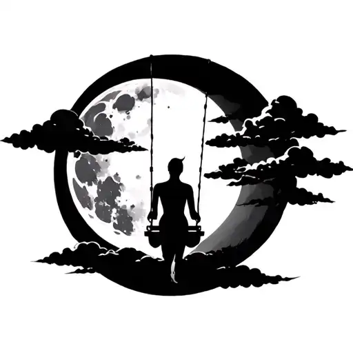 tattoo in dark style: the moon next to a dark cloud and a sexless human being from behind on a swing tattoo design idea
