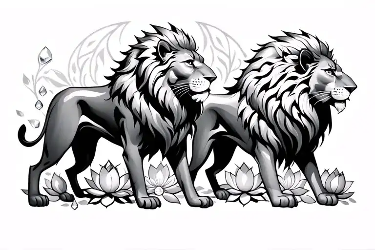 lion guardians of the temple standing guard facing each other with a feminine touch and lotus and gems around them.  tattoo design idea