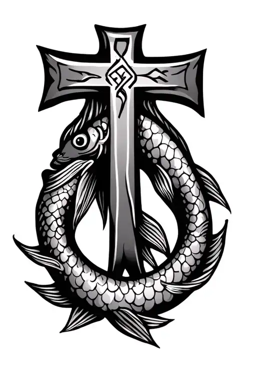 traditional Ichthys Jesus fish outline with Greek letter incorporated with a cross tattoo design idea