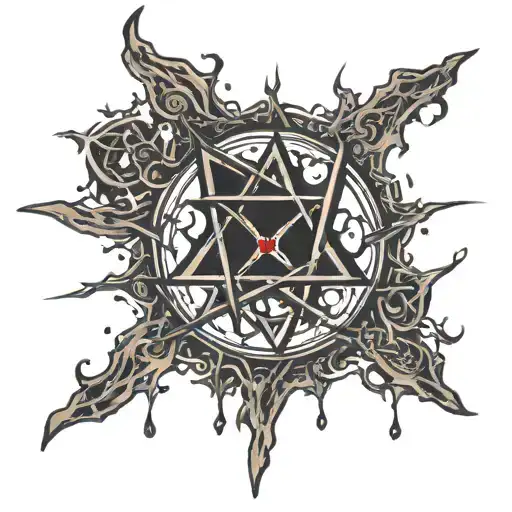 satanic pentagram, blood splatter, symbols, witchcraft, blood vessels, veins, flesh, bones tattoo design idea