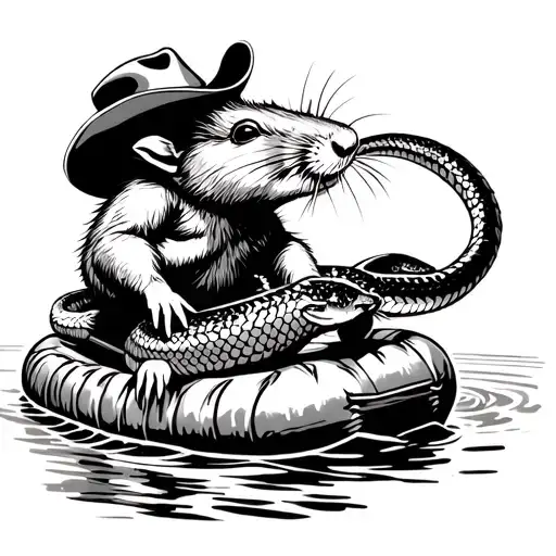 Cowboy rat riding a rattlesnake on a white water raft tattoo design idea