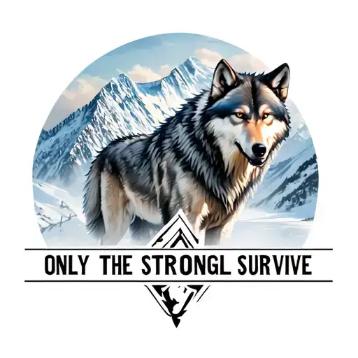 "Only The Strong Shall Survive" wolf hunting in snow capped mountains tattoo design idea