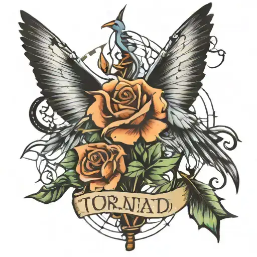 tornado and paper crane  with names Hayden and Carson tattoo design idea