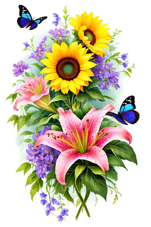 sunflowers, pink lilies, purple, butterflies, greenery, and vines tattoo design idea